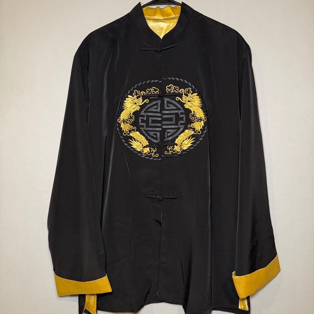 VTG Tangzhuang Shirt Jacket Mens‎ XL Black Gold Dragon Embroidered Satin Chinese